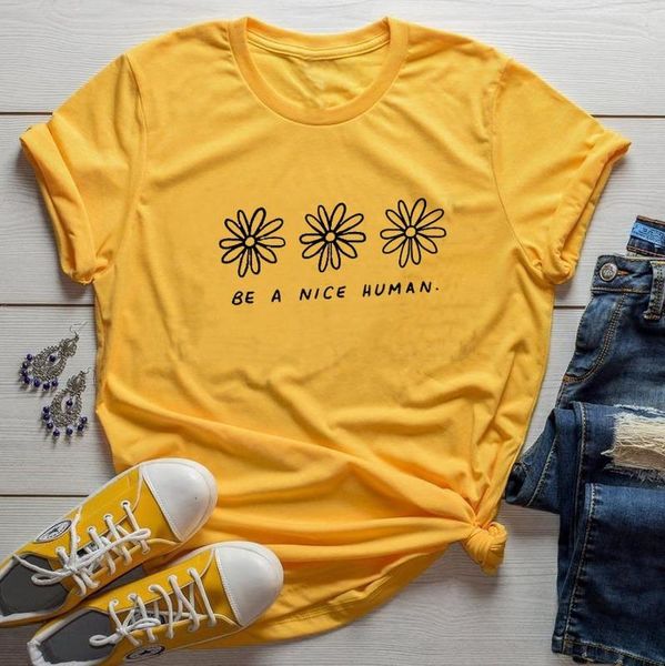 

women's t-shirt 100% cotton t shirt be a nice human letter flower print women short sleeve o neck loose tshirt summer causal tee, White