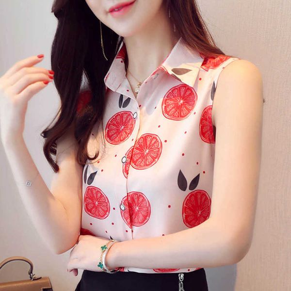

blouse women sleeveless blouse shirt women turn down collar print chiffon blouse women blusas camisas mujer d134 210602, White