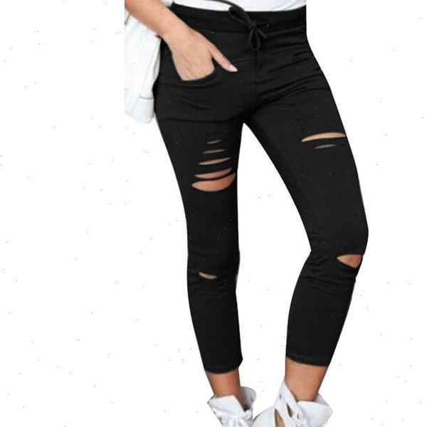 

women legging h40 ripped pants high waist stretch leggings slim pencil trousers summer autumn long solid color skinny, Black
