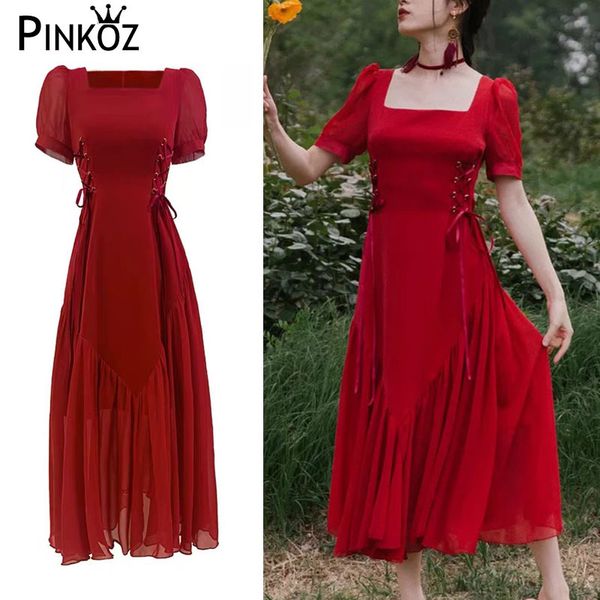 Красное платье Женщины соломенная струна квадратный воротник охватывает слойный рукав A-Line Lolita MIDI шикарный летний халат Femme Vestidos 210421