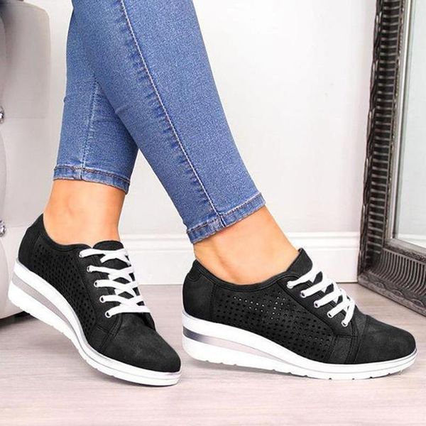 

dress shoes women sneakers 2021 hollow out breathable platform wedge casual, Black