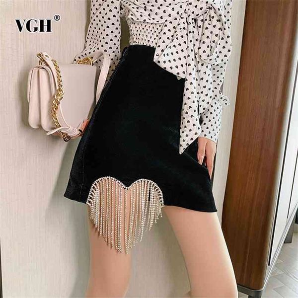 Gonna nera sexy per le donne a vita alta patchwork diamanti nappa una linea mini abiti casual femminile moda estiva coreana 210531