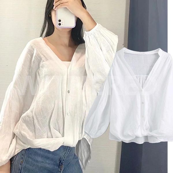

women's blouses & shirts withered england simple linen loose v-neck blouse women blusas mujer de moda 2021 kimono shirt womens and plu, White