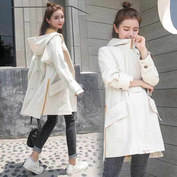 

women's trench coats 2021 large size coat female spring and autumn casual all-match mid-length windbreaker hooded women jacket with poc, Tan;black