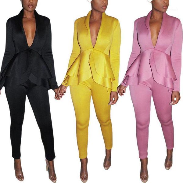 

women's tracksuits women 2pcs office set lady tracksuit long sleeve ruffles blazers+pencil pants suit female spring autumn clothes1, Gray