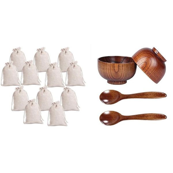 

gift wrap afbc 12pcs small cotton drawstring bags muslin cloth candy bag & 1 set wood spoons bowl set,wooden handmade flatware