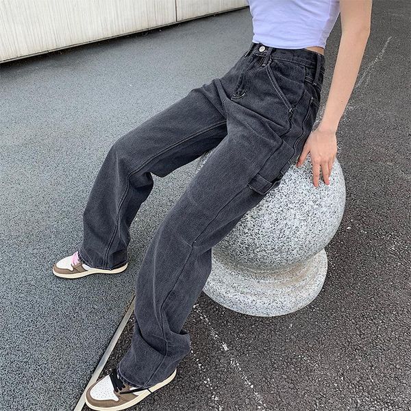 

women korean straight jeans fashion solid color high-waist patchwork denim pants with pocket breathable and comfortable gray women's, Blue
