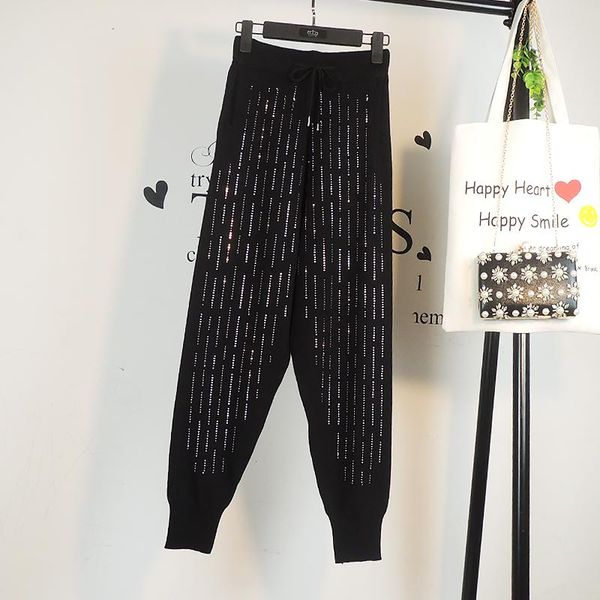 Pantalones de mujer Capris Machine Drill Pantalones de ocio de cintura alta Mujeres sueltas Primavera y verano Chándal de punto negro que combina con todo