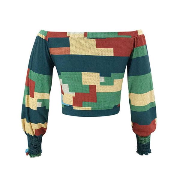 

off shoulder puff sleeve for women slash neck hollow out patchwork print long lady casual printed slim blouse women's blouses & shirts, White