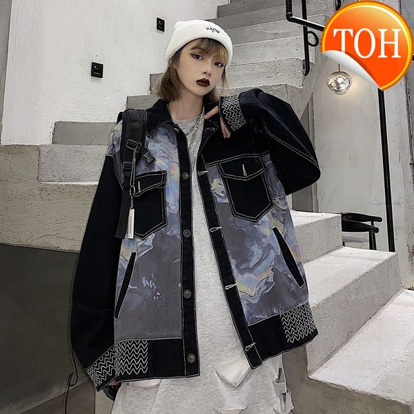 

nyoolo novelty design digital print patchwork loose denim jacket women men harajuku streetwear single breasted coat outerwear, Black