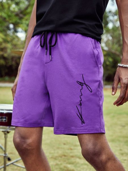 

men letter embroidery track shorts 28wa#, Black