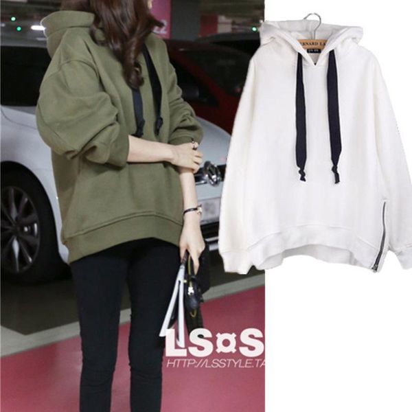 

women's hoodies & sweatshirts 2021 autumn and winter korean hooded loose solid color long-sleeved pullover women jacket size m-2xl, Black