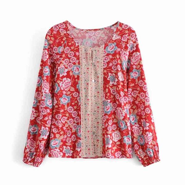 

national style women flower printing splicing shirt female o neck long sleeve blouse casual lady loose blusas s8722 210430, White