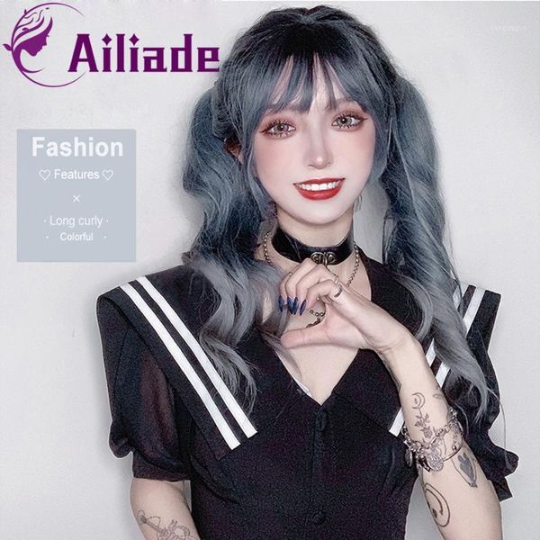 

long cosplay wigs wave 3tone blue grey purple dlack synthetic wavy heat resistant daily with neat bangs1, Black