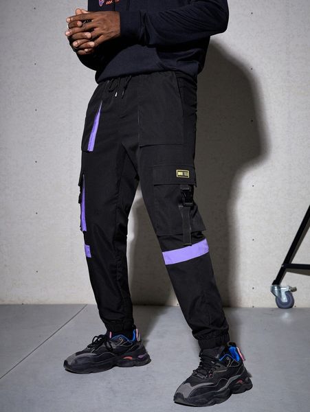 

men contrast panel patched detail buckled flap pocket cargo pants 39e2#, Black