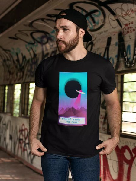 

aesthetic press start to play tee men's -image by shutterstock, White;black