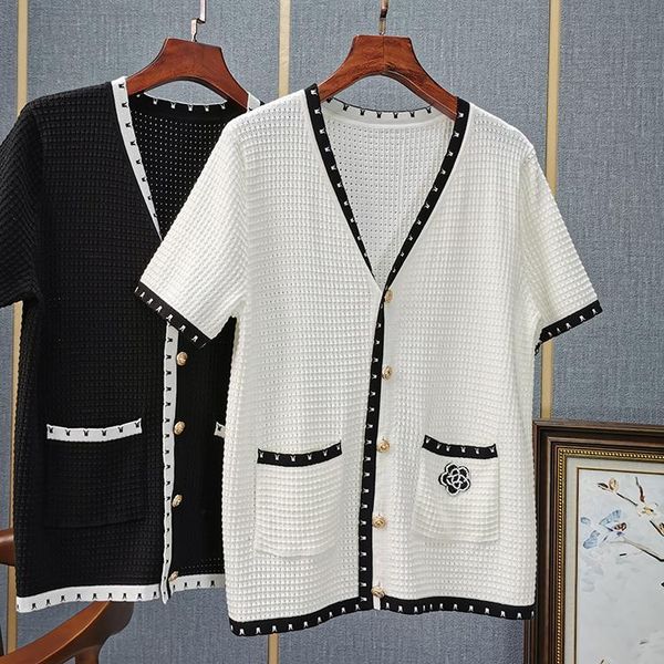 

women's knits & tees hollow-out chic short sleeves cardigans spring summer women high qyality v-neck knitted sweater cardigan c472, White