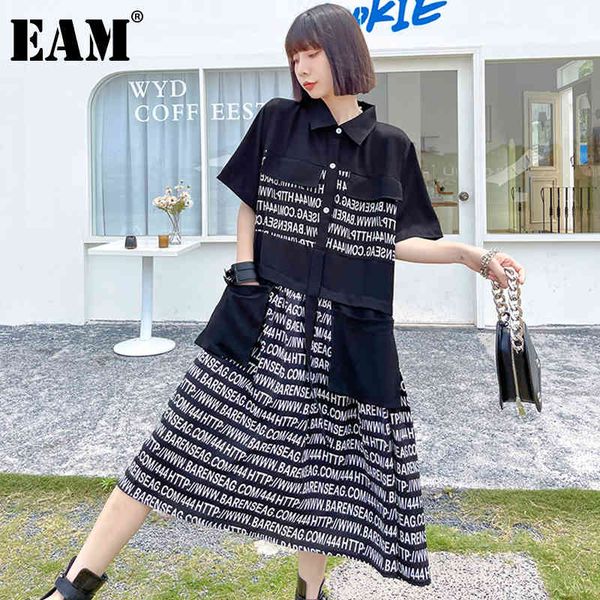 

[eam] women black big size letter print pocket dress lapel half sleeve loose fit fashion spring summer 1dd8272 210512, Black;gray