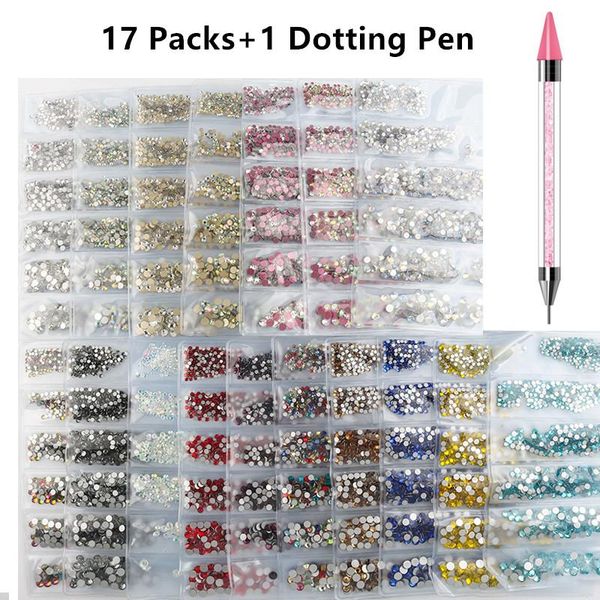 

nail art kits chnrmjl 17colors/set ss/4/6/8/10/12/16 flatback crystal rhinestone gold ab class studs+1dotting pen diy nails manicure tool