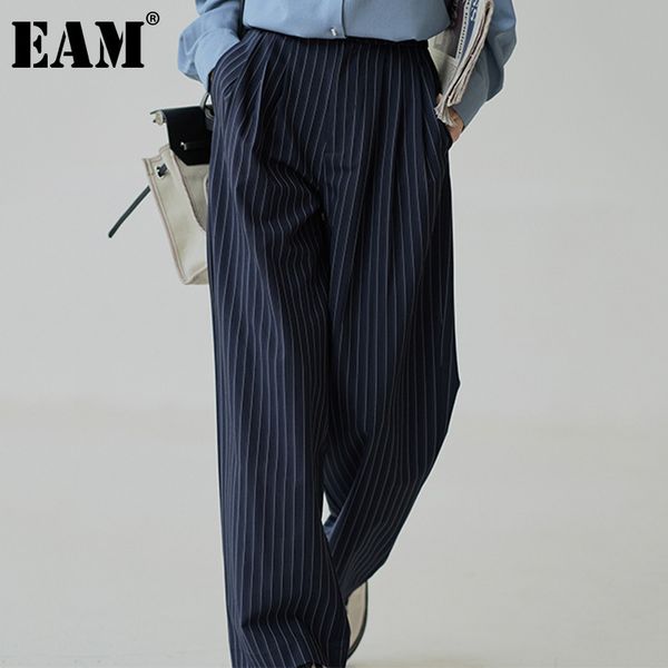 

[eam] blue striped mid waist trousers loose fit wide leg full length pants women fashion spring summer 1dd8009 210512, Black;white