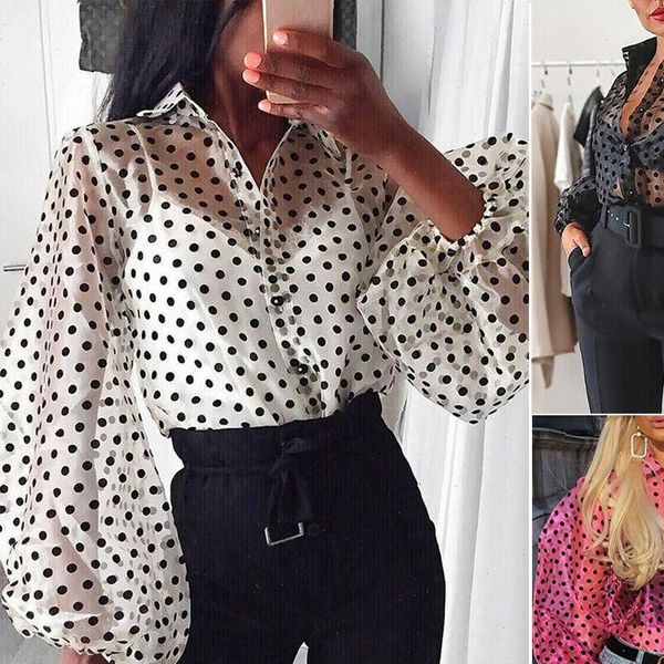 

polka dot see through women shirt sheer long lantern sleeve transparent shirts loose blouse cover up blusas, White
