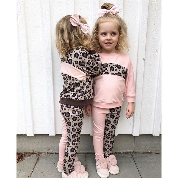 

clothing sets girl's 2pcs children's leopard printed color block crew neck long sleeve pullover pants set for infants, White