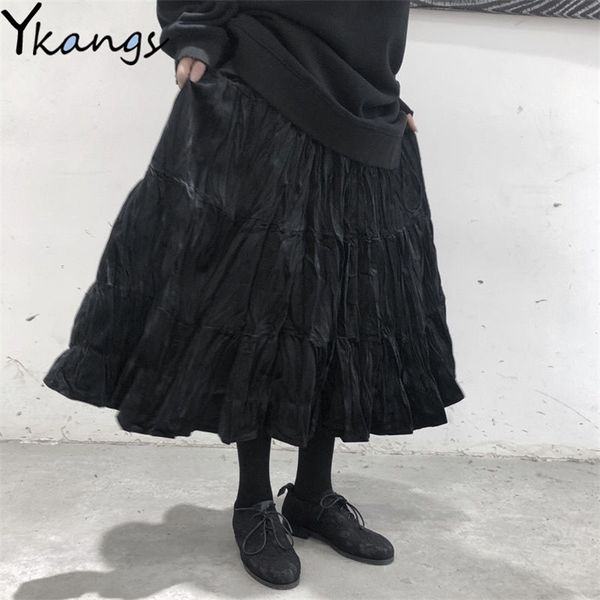 Женщины старинные бархатные длинные плиссированные юбка корейский стиль дамы эластичная миди высокая талия черная весна Harajuku готическая одежда 210421