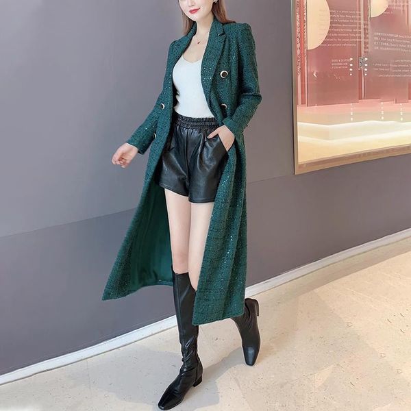 

autumn winter woolen coat women's slim suit collar female mid-length tweed double breasted overcoat e425 wool & blends, Black