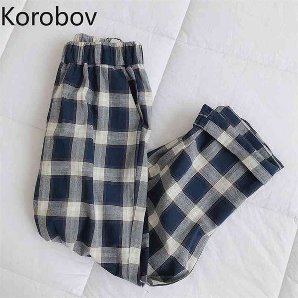 Korobov novo outono inverno chique coreano cintura alta mulheres calças haruku ulzzang streetwear harem calças vintage xadrez sweatpants 210430