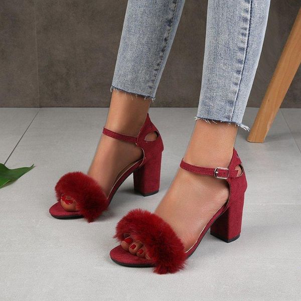 

sandals furry classic style women's summer square heels high heel women shoes sandalias mujer black