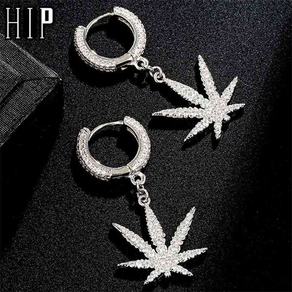 

hip hop 1pair iced zircon maple leaf earring gold color micro paved aaa+ bling cz stone earrings for men jewelry 210624, Silver