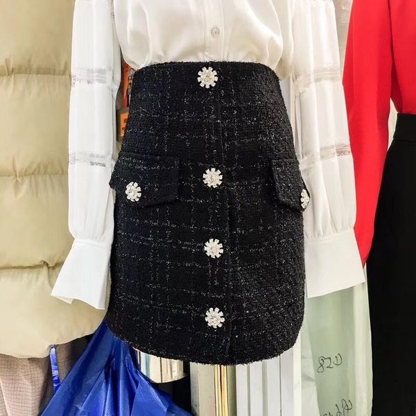 

skirts small fragrant tweed skirt rhinestone buckle 2021 spring pocket high waisted a-line a, Black