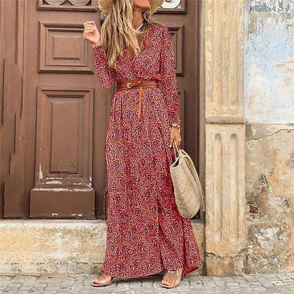 

bohemian women's dress autumn long-sleeved round neck loose clothing female casual floral long ladies street wear dresses, Black;gray