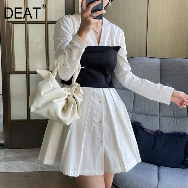 

style v-neck color contrast close waist pleated shirt long sleeve patchwork dress women spring and summer gx1149 210421, Black;gray