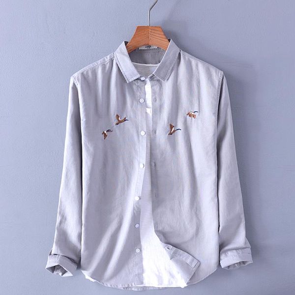 

design embroidery brand linen shirt men long-sleeved casual gray mens fashion shirts male overhemd camisa men's, White;black