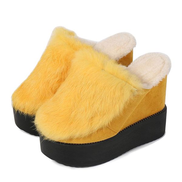 

womens real fur furry platform wedge high 12cm heel warm winter mules slipper plush slides shoes 8colors 2021 slippers, Black