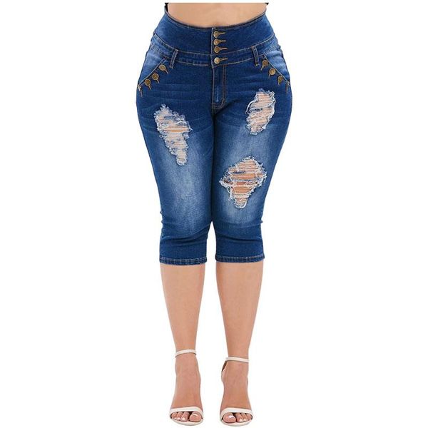 

women's jeans fashion slim-fitting high elastic washed frayed holes waist denim knee-length pants trousers large size l-5xl, Blue