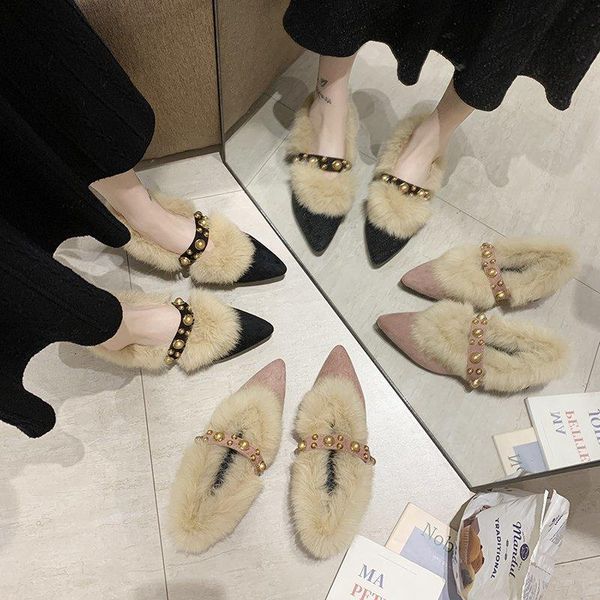 

boots hairy shoes women's winter wear 2021 autumn all-match pointed toe mid-heel thick heel single shoes, pedal peas, Black