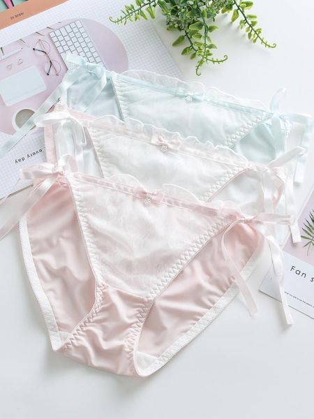 

women's panties japanese cute little fairy underwear lace-up sweet bow low waist princess comfortable milk silk briefs, Black;pink