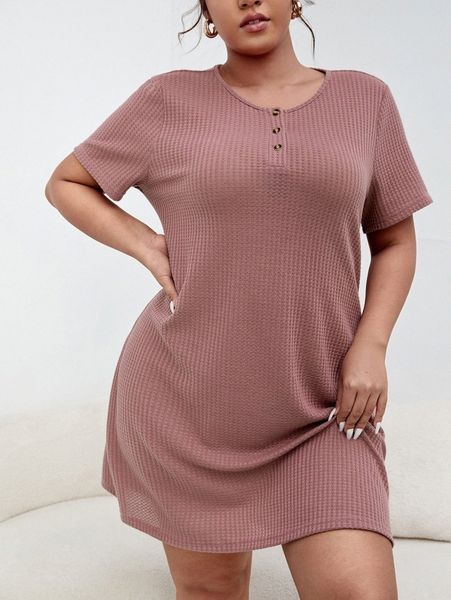

plus half button waffle knit nightdress 69hk#, Black;white