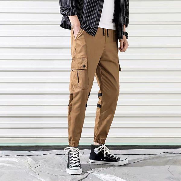 

men's pants man fashion streetwear stitching color joggers hip hop long men elastic waist cargo, Black