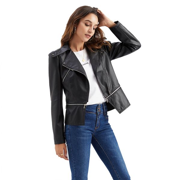 

women's faux leather jacket street autumn and winter short section regular version type casual cool long-sleeved solid color pocket spr, Black