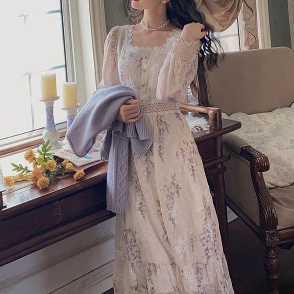 

casual dresses evening party floral women lantern sleeve midi elegant vintage dress female sweet 2021 summer one piece vestidos korean, Black;gray
