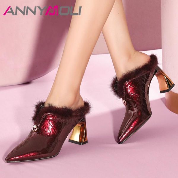 

dress shoes annymoli high heels women pumps natural genuine leather strange style heel mules real fur pointed toe lady 3-11, Black