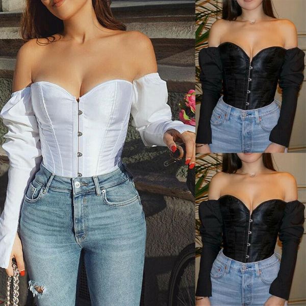 

women's blouses & shirts women off shoulder black back bondage shaper tummy control bodycon lantern sleeve for party, White