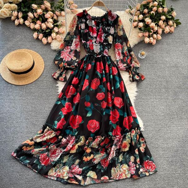 

casual dresses bohemian flower printed chiffon long dress women spring autumn ruffled collar lantern sleeve a-line vestidos 2021 robe, Black;gray
