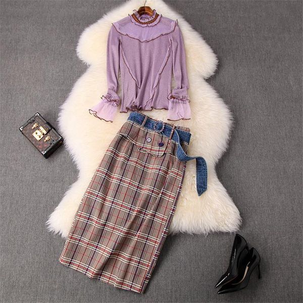 

two piece dress 2021 designers autumn 2piece skirts set women fashion full sleeve ruffle and high waist plaid pencil skirt suit outfits, White