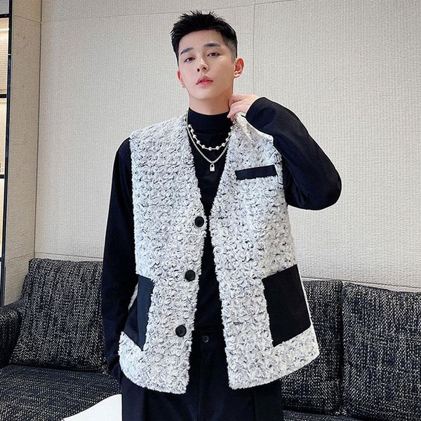 

men's vests man korean streetwear fashion vintage loose casual vest coat waistcoat jacket autumn winter rose faux fur splice, Black;white