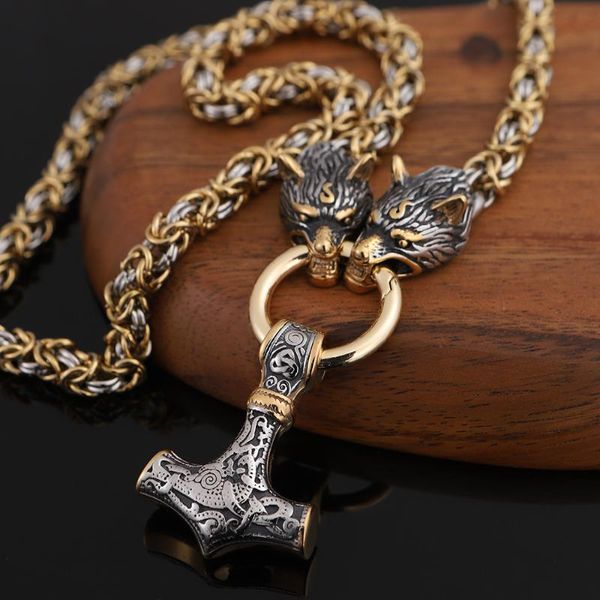 

pendant necklaces hammer mjolnir wolf necklace men jewelry norse viking stainless steel chain, Silver