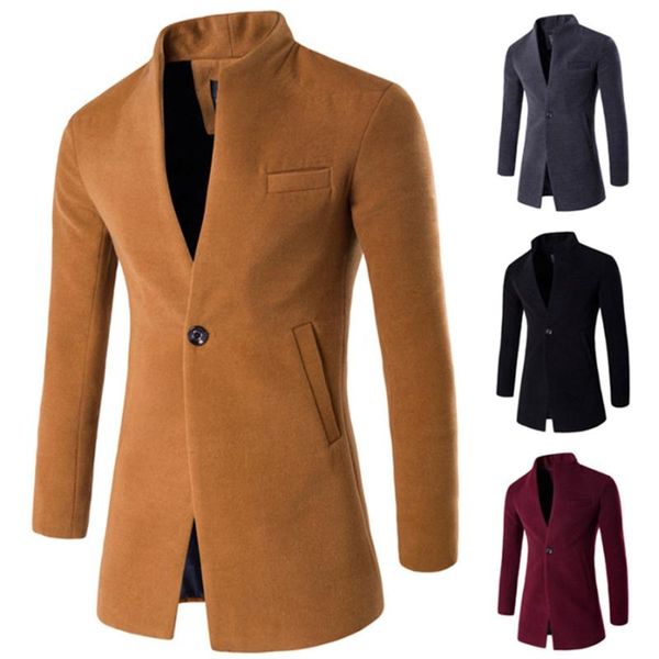 

men's trench coats autumn winter woolen coat wool blends thickening male business warm stand collar long sleeve big size jacket, Tan;black